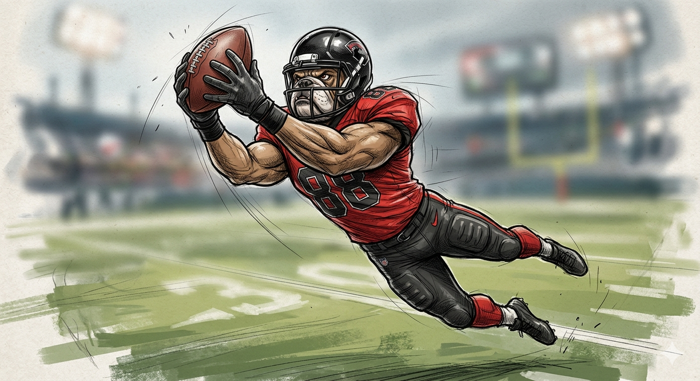 A dynamic sports sketch of an athletic, muscular anthropomorphic bulldog as an American football wide receiver. 